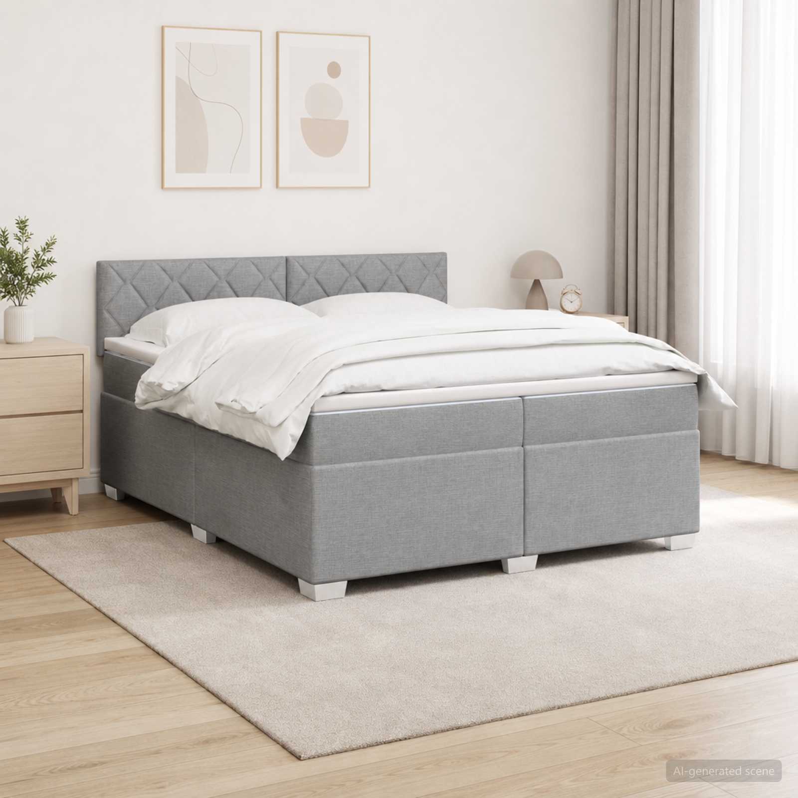 Box Spring Seng med Madras og LED Lysegr 200 x 200 cm Stof