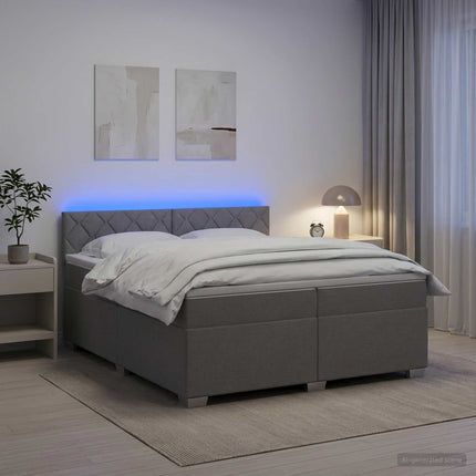 Box Spring Seng med Madras og LED Lysegrå 200 x 200 cm Stof