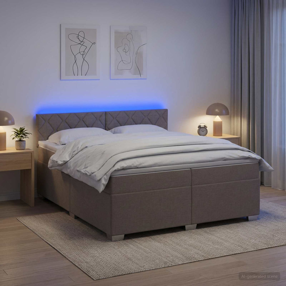 Box Spring Seng med Madras og LED Grbrun 200 x 200 cm Stof