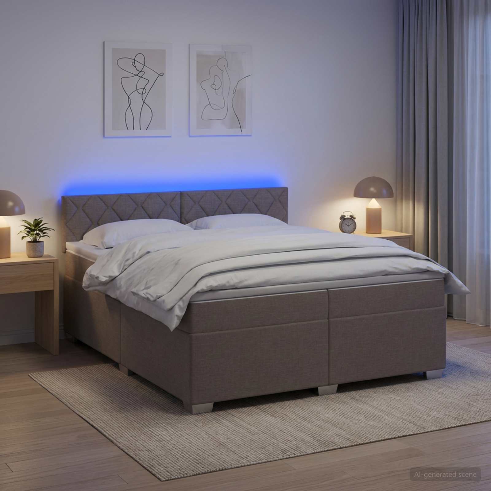 Box Spring Seng med Madras og LED Grbrun 200 x 200 cm Stof