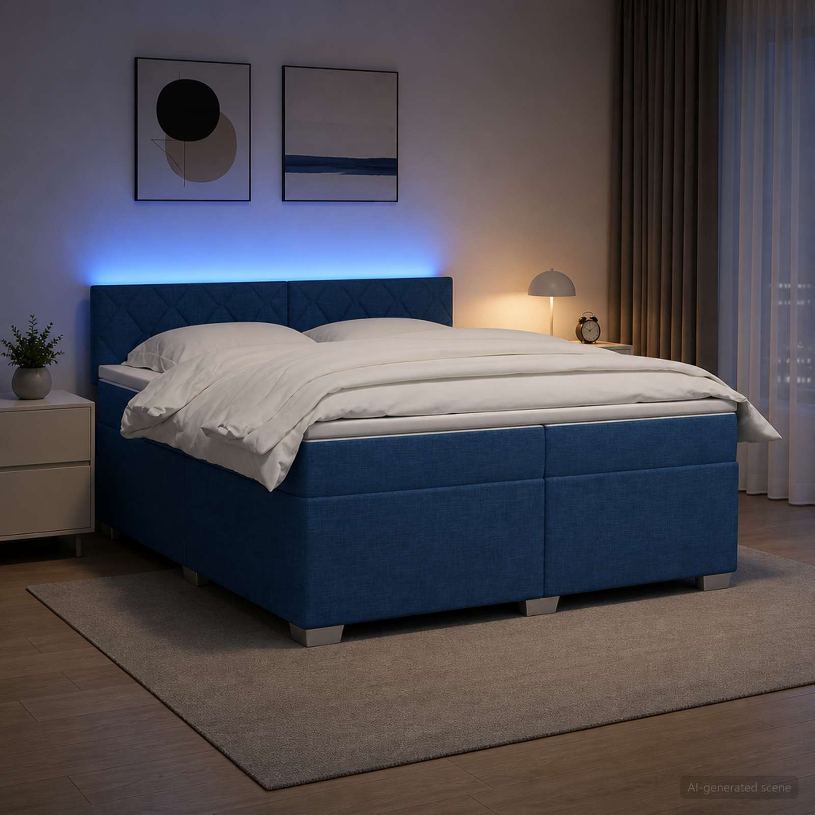 Box Spring Seng med Madras og LED Bl 200 x 200 cm Stof