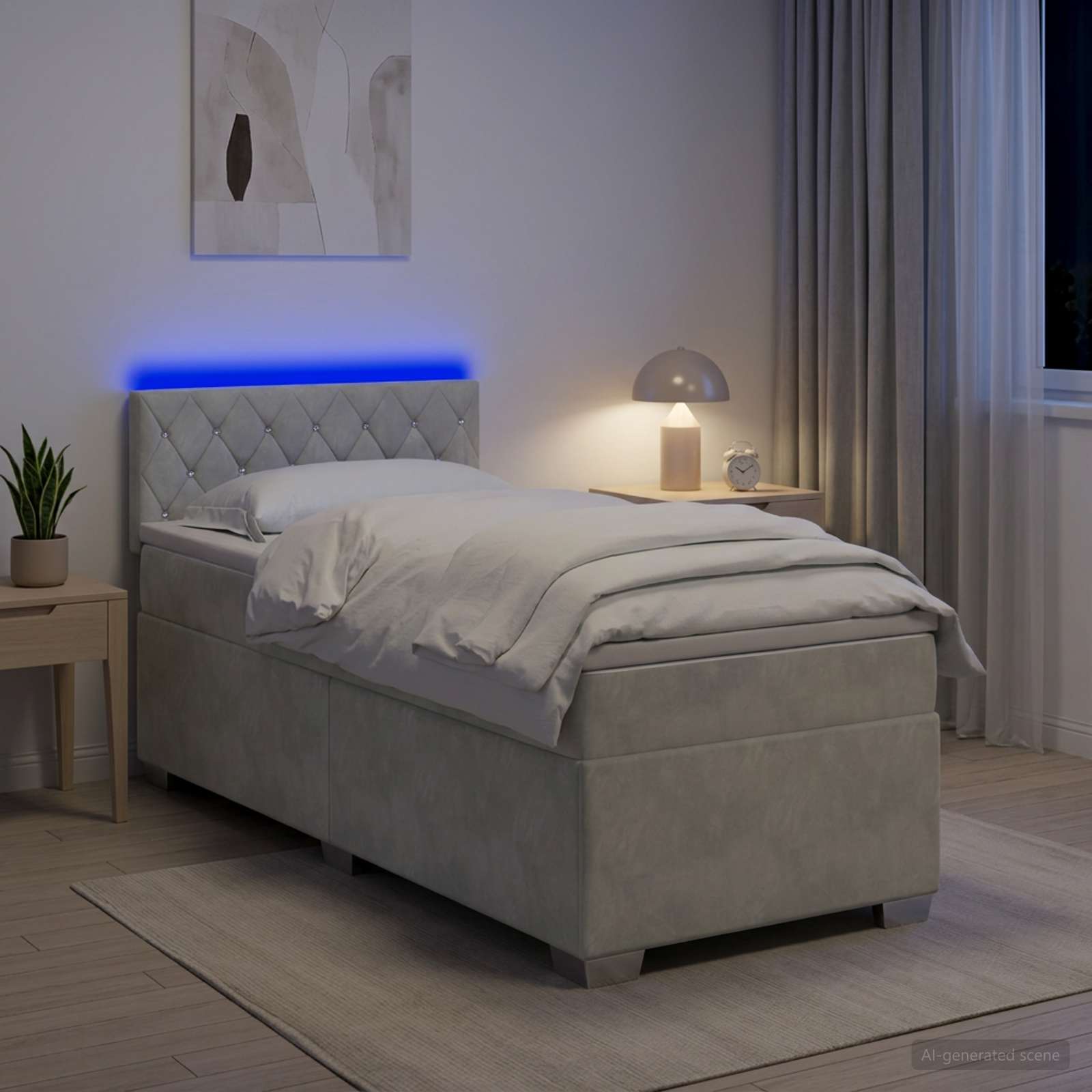 Box Spring Seng med Madras og LED Lysegr 90 x 190 cm Velour