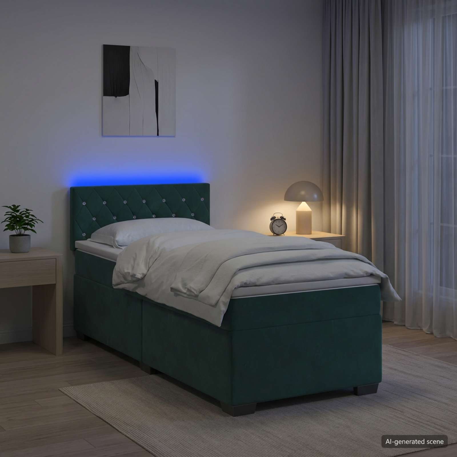 Box Spring Seng med Madras og LED Mrkegrn 100 x 200 cm Velour