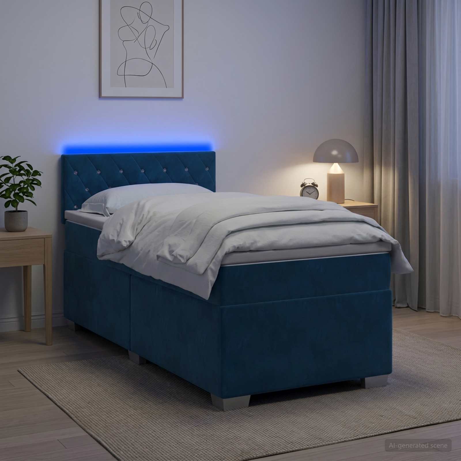 Box Spring Seng med Madras og LED Bl 90 x 200 cm Velour