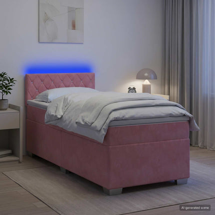 Box Spring Seng med Madras og LED Lyserød 90 x 200 cm Velour