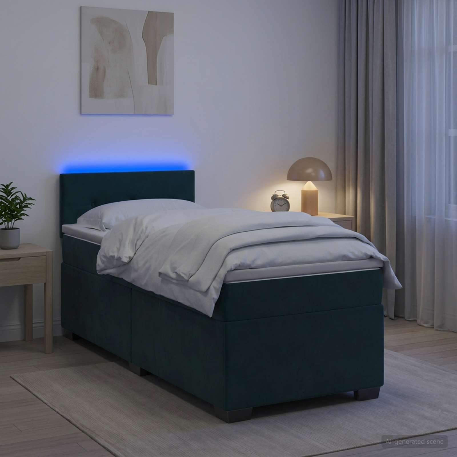 Box Spring Seng med Madras og LED Mrkegrn 90 x 200 cm Velour