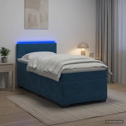 Box Spring Seng med Madras og LED Blå 90 x 190 cm Velour