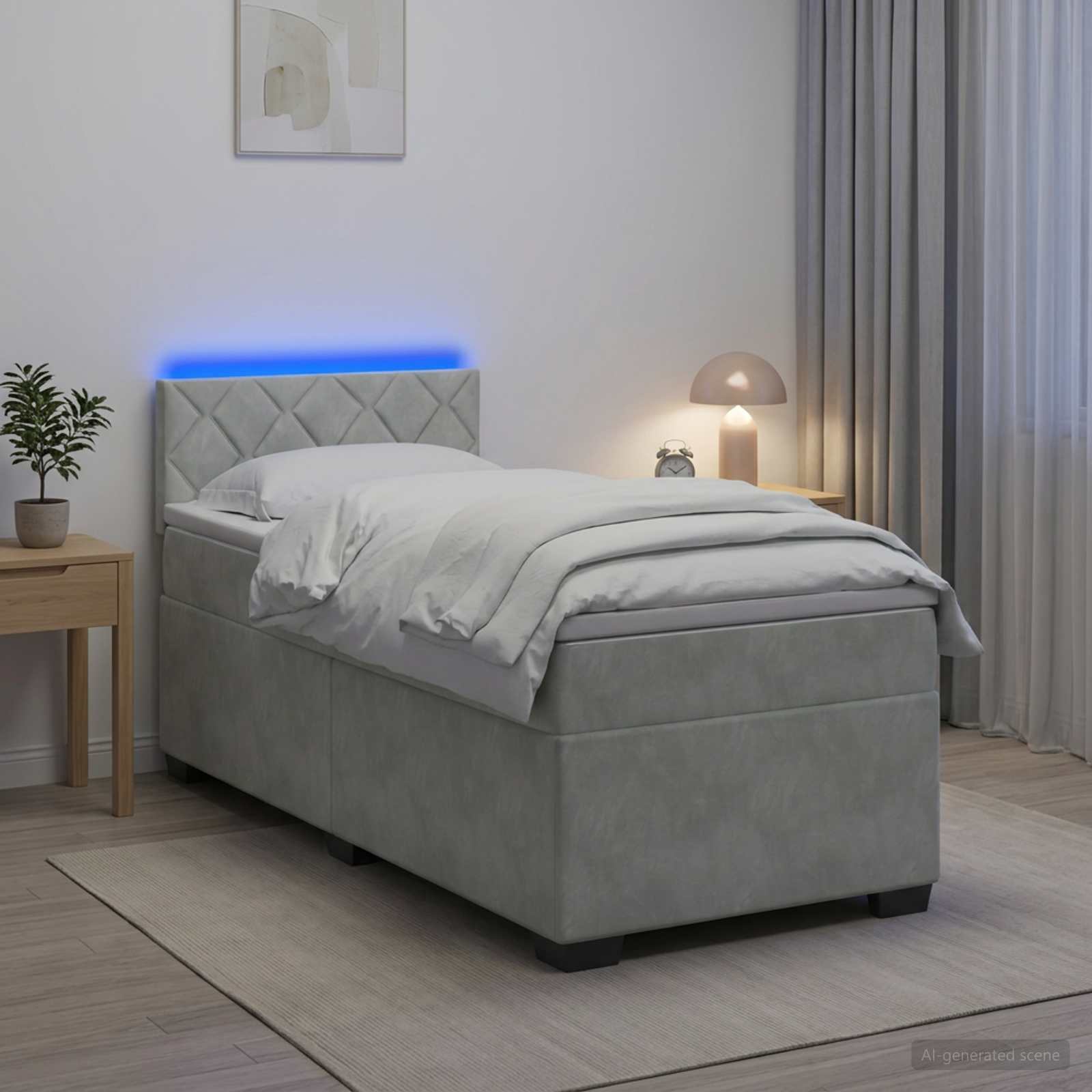 Box Spring Seng med Madras og LED Lysegr 90 x 190 cm Velour