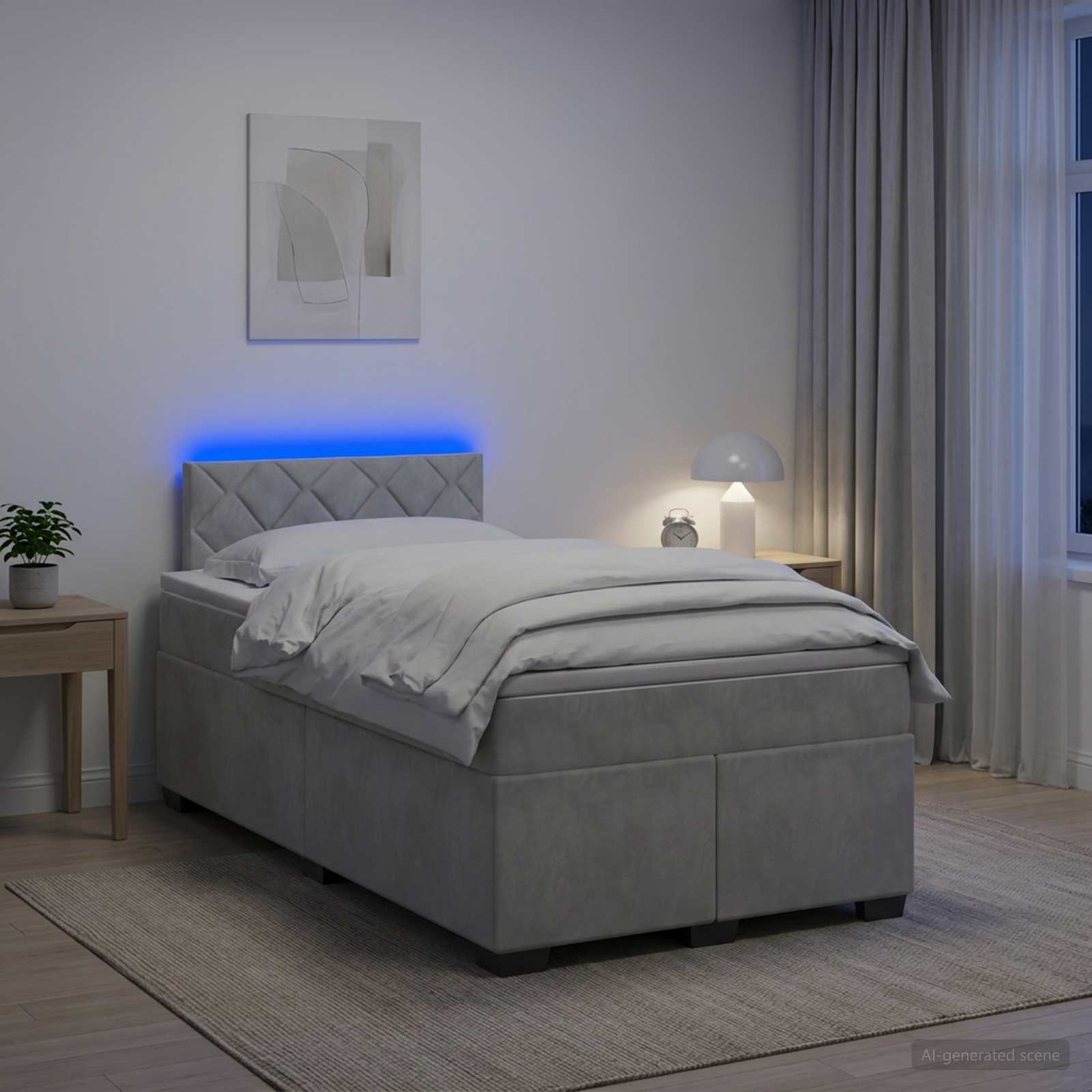 Box Spring Seng med Madras og LED Lysegr 120 x 190 cm Velour