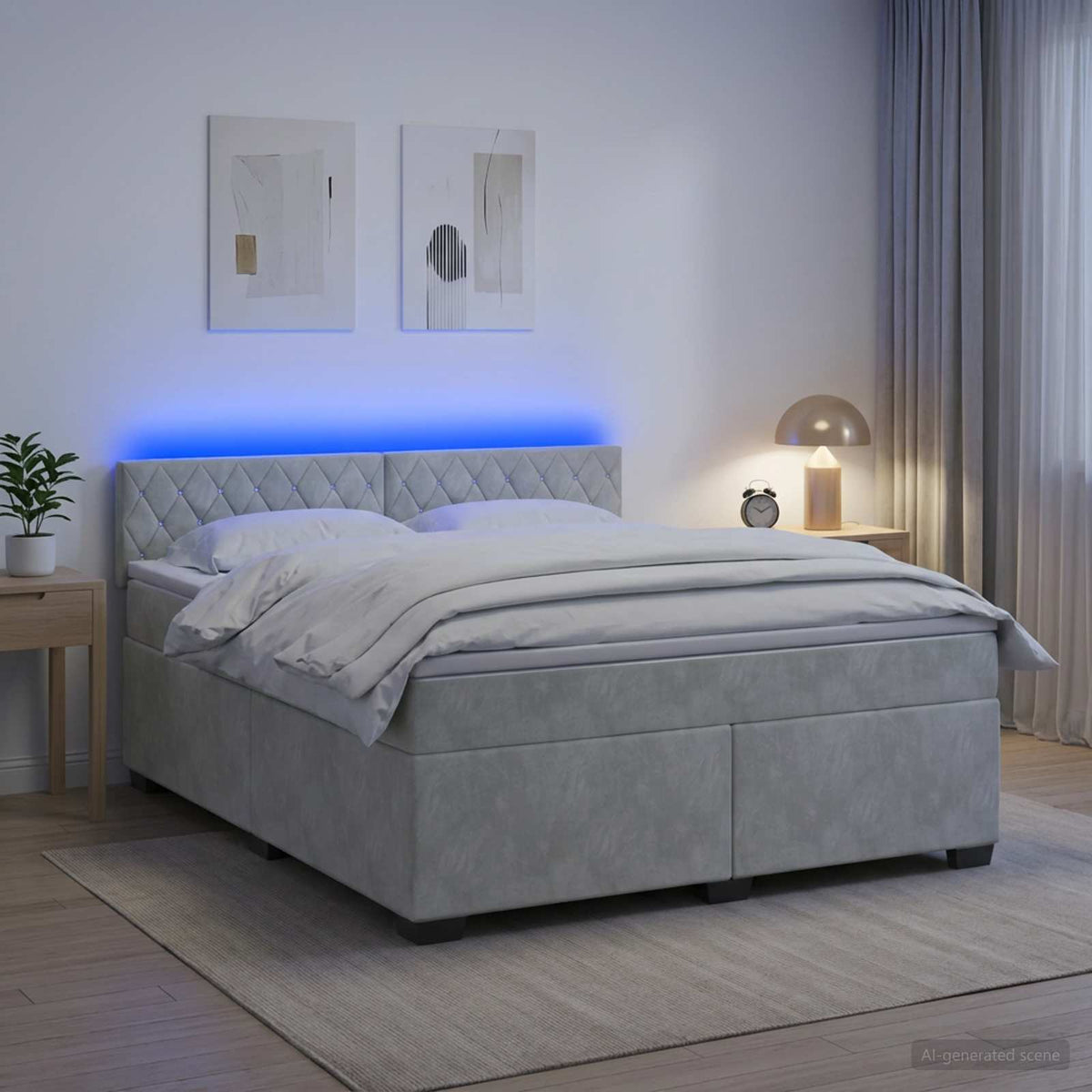 Box Spring Seng med Madras og LED Lysegr 140 x 200 cm Velour