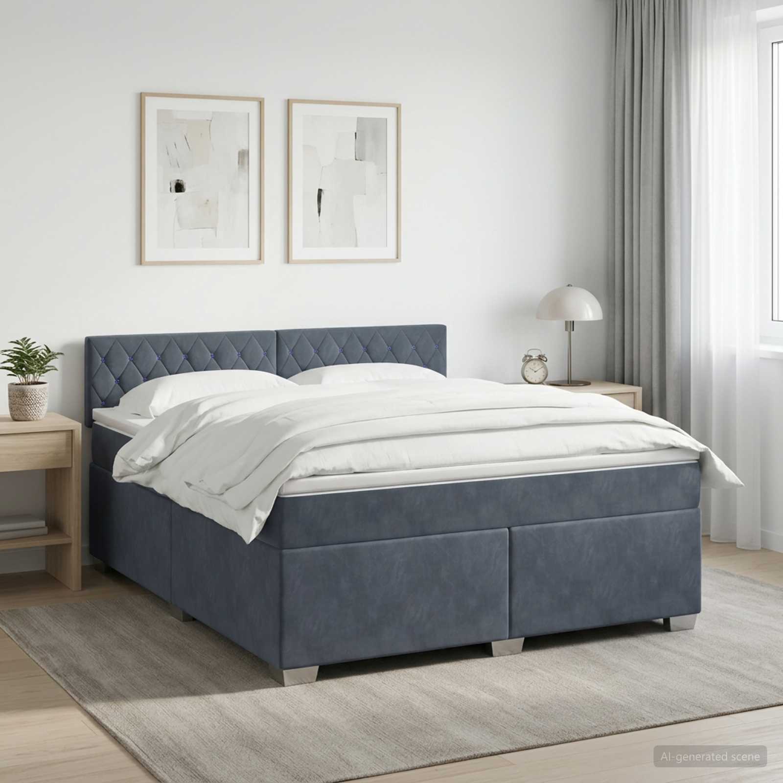 Box Spring Seng med Madras og LED Mrkegr 140 x 190 cm Velour