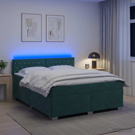 Box Spring Seng med Madras og LED Mørkegrøn 140 x 190 cm Velour