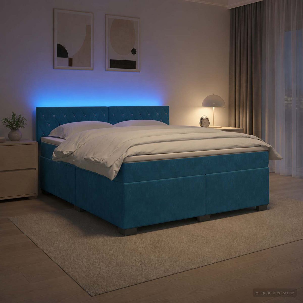 Box Spring Seng med Madras og LED Bl 140 x 200 cm Velour