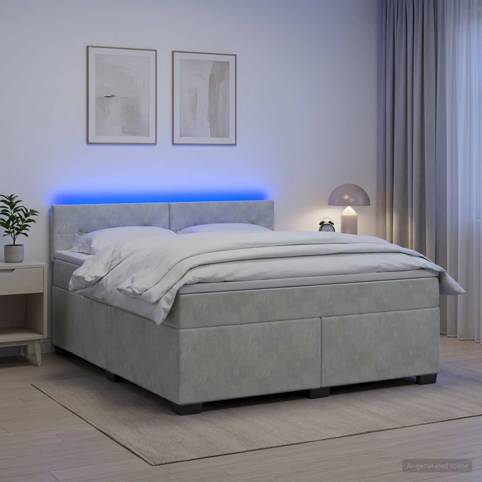 Box Spring Seng med Madras og LED Lysegr 140 x 190 cm Velour