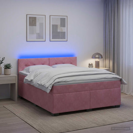 Box Spring Seng med Madras og LED Lyserød 140 x 200 cm Velour
