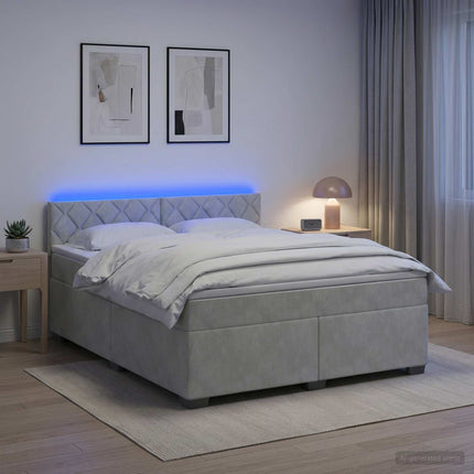 Box Spring Seng med Madras og LED Lysegrå 140 x 200 cm Velour