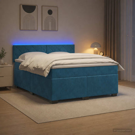 Box Spring Seng med Madras og LED Blå 140 x 200 cm Velour