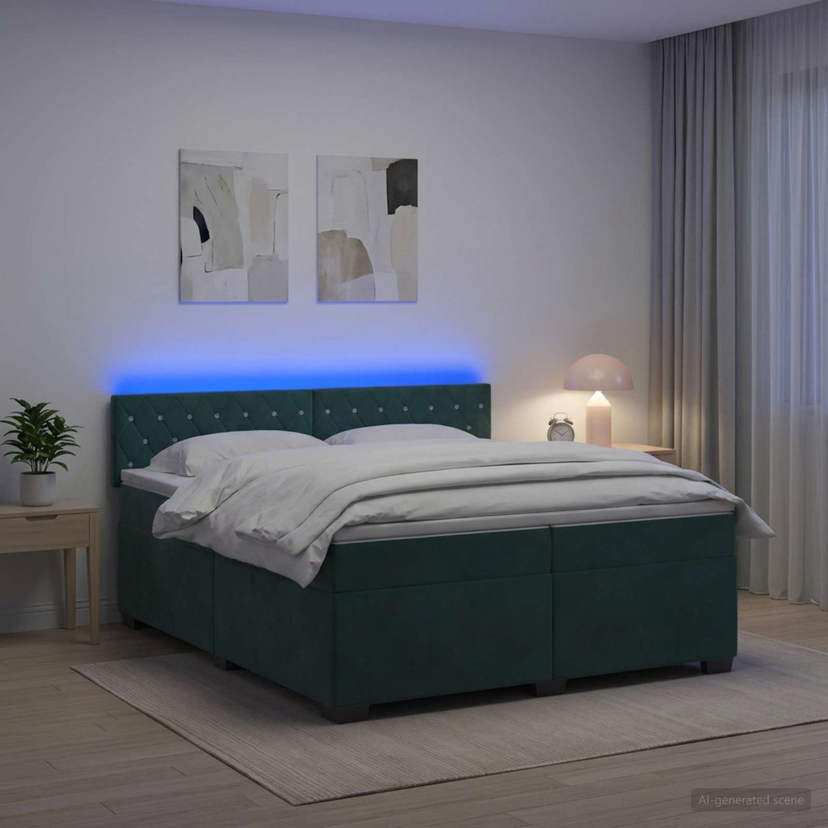 Box Spring Seng med Madras og LED Mrkegrn 200 x 200 cm Velour