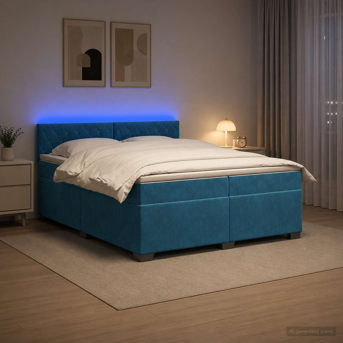 Box Spring Seng med Madras og LED Bl 200 x 200 cm Velour