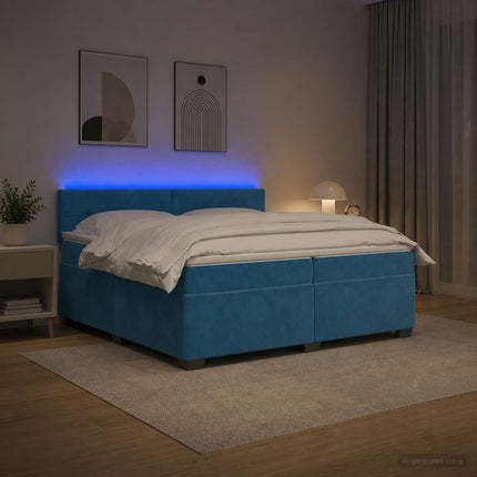 Box Spring Seng med Madras og LED Blå 200 x 200 cm Velour