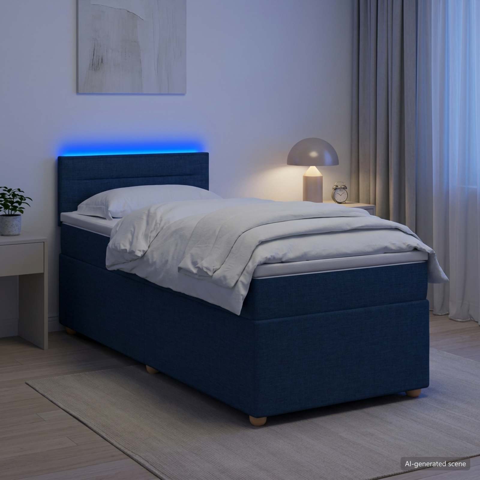 Boxmadras med topmadras med hovedgrde Bl 100 x 200 cm Stof