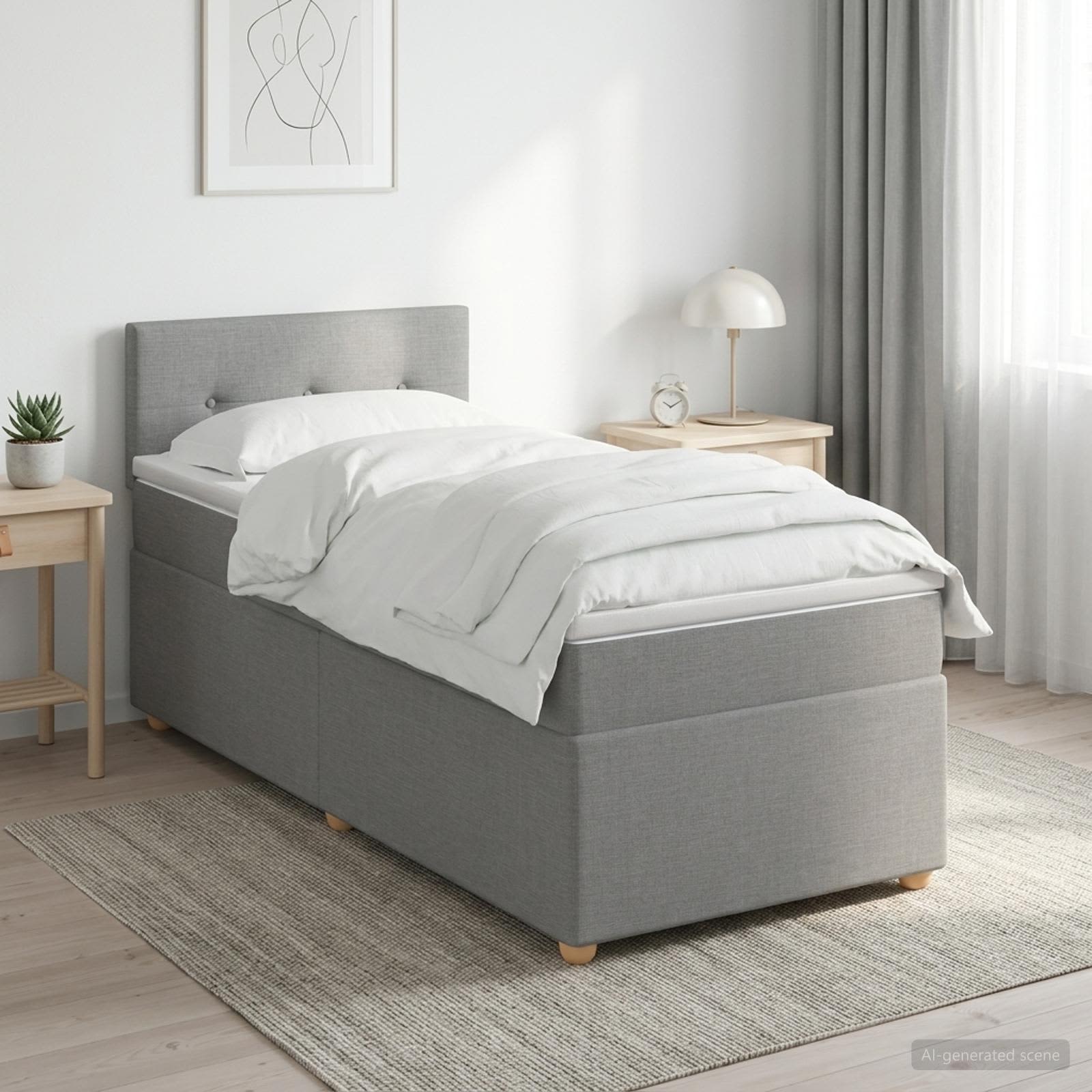 Box Spring Seng med Madras og LED Lysegr 90 x 190 cm Stof