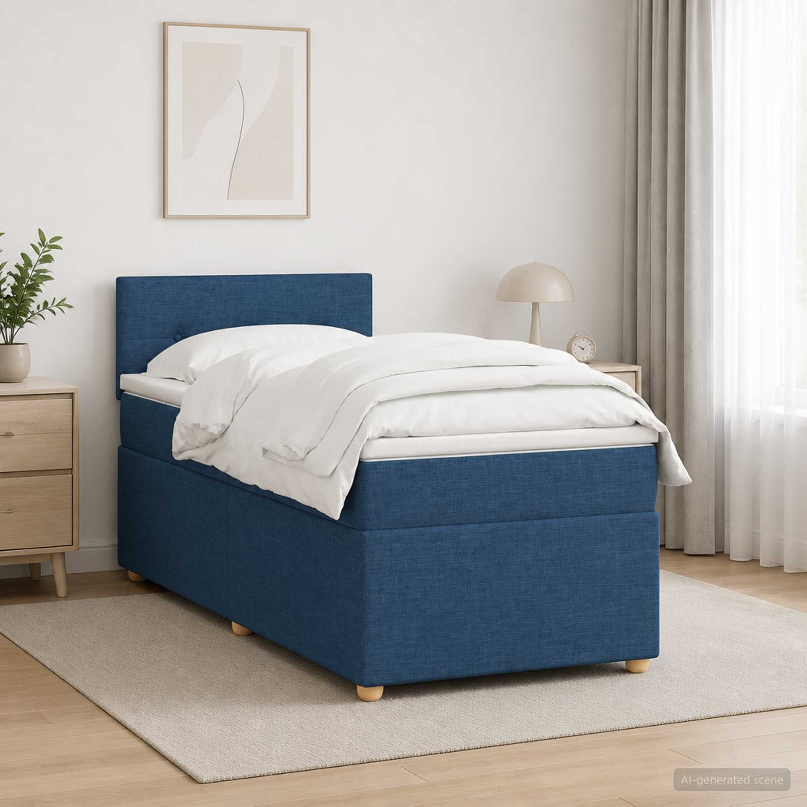 Boxmadras med topmadras med hovedgrde Bl 100 x 200 cm Stof