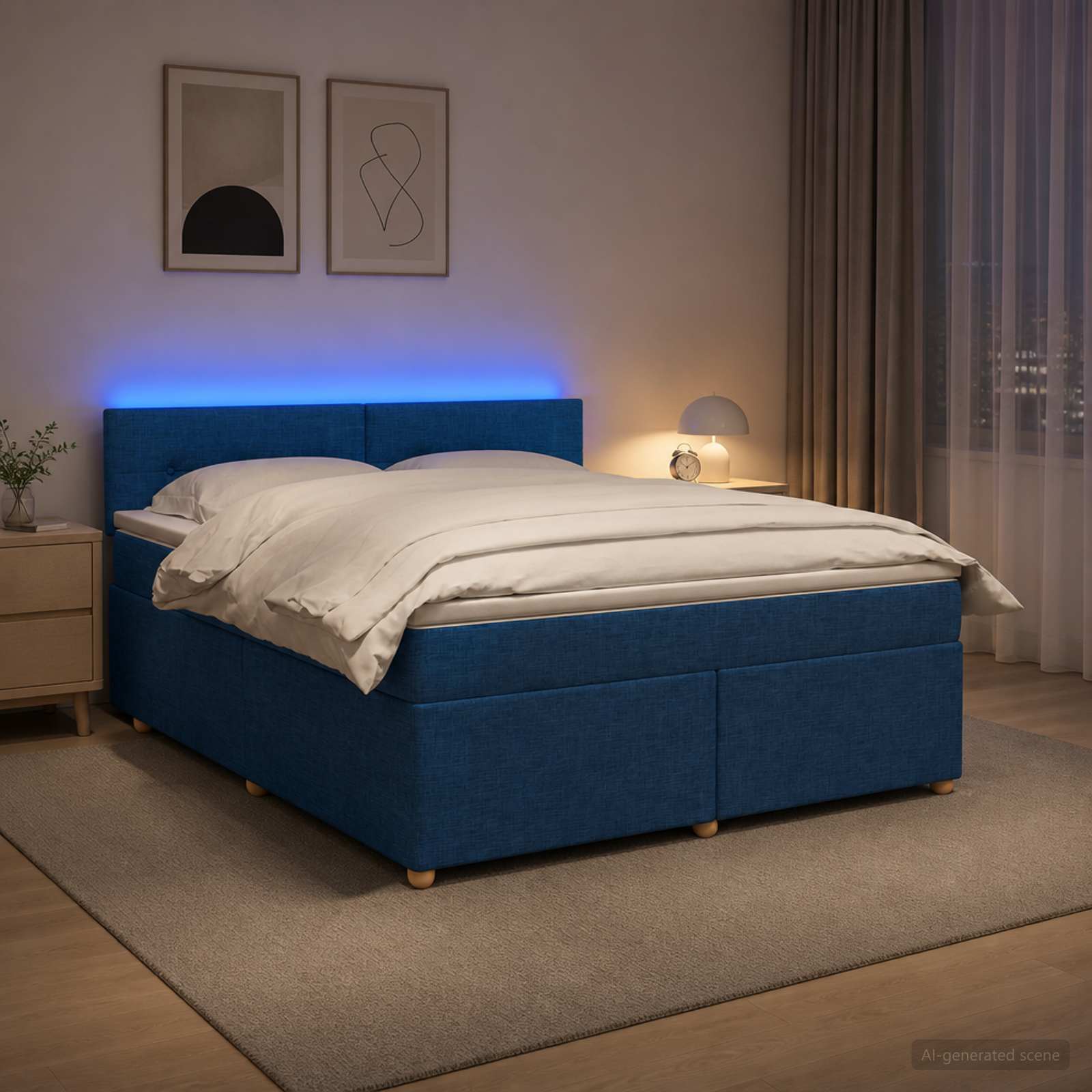 Boxmadras med topmadras med hovedgrde Bl 160 x 200 cm Stof