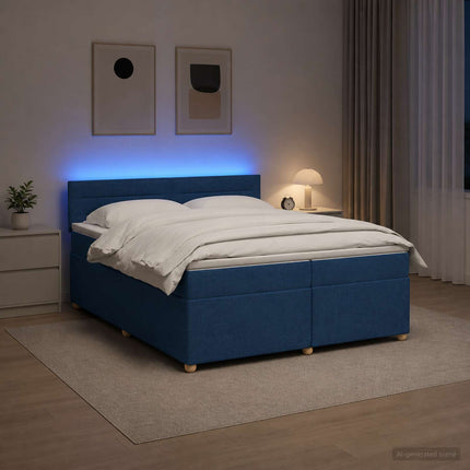 Boxmadras med topmadras med hovedgærde Blå 200 x 200 cm Stof