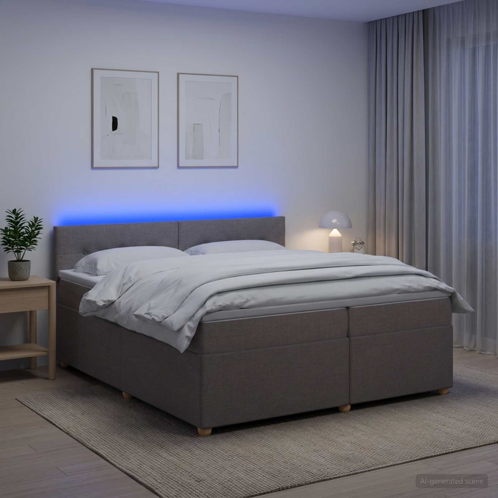 Boksmadrasseng med topmadras og LED gråbrun 200 x 200 cm