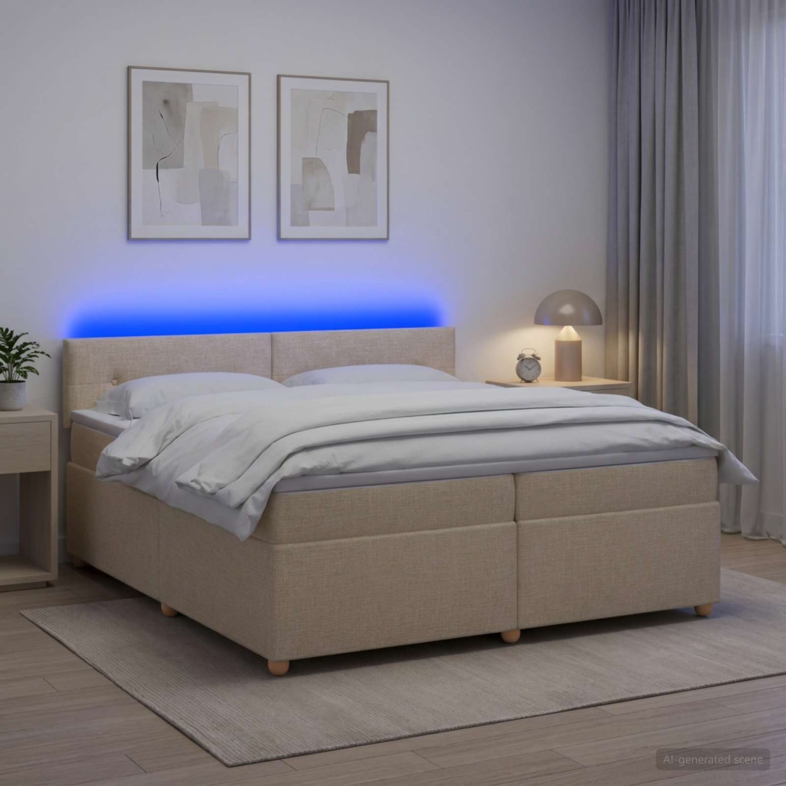 Boksmadrasseng med topmadras og LED cremefarvet 200 x 200 cm