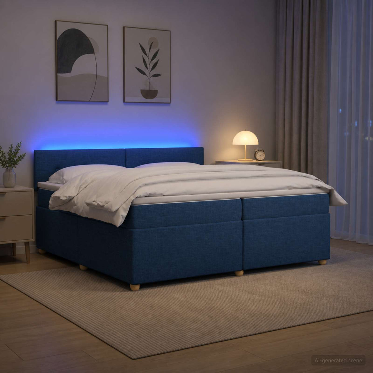 Boxmadras med topmadras med hovedgrde Bl 200 x 200 cm Stof