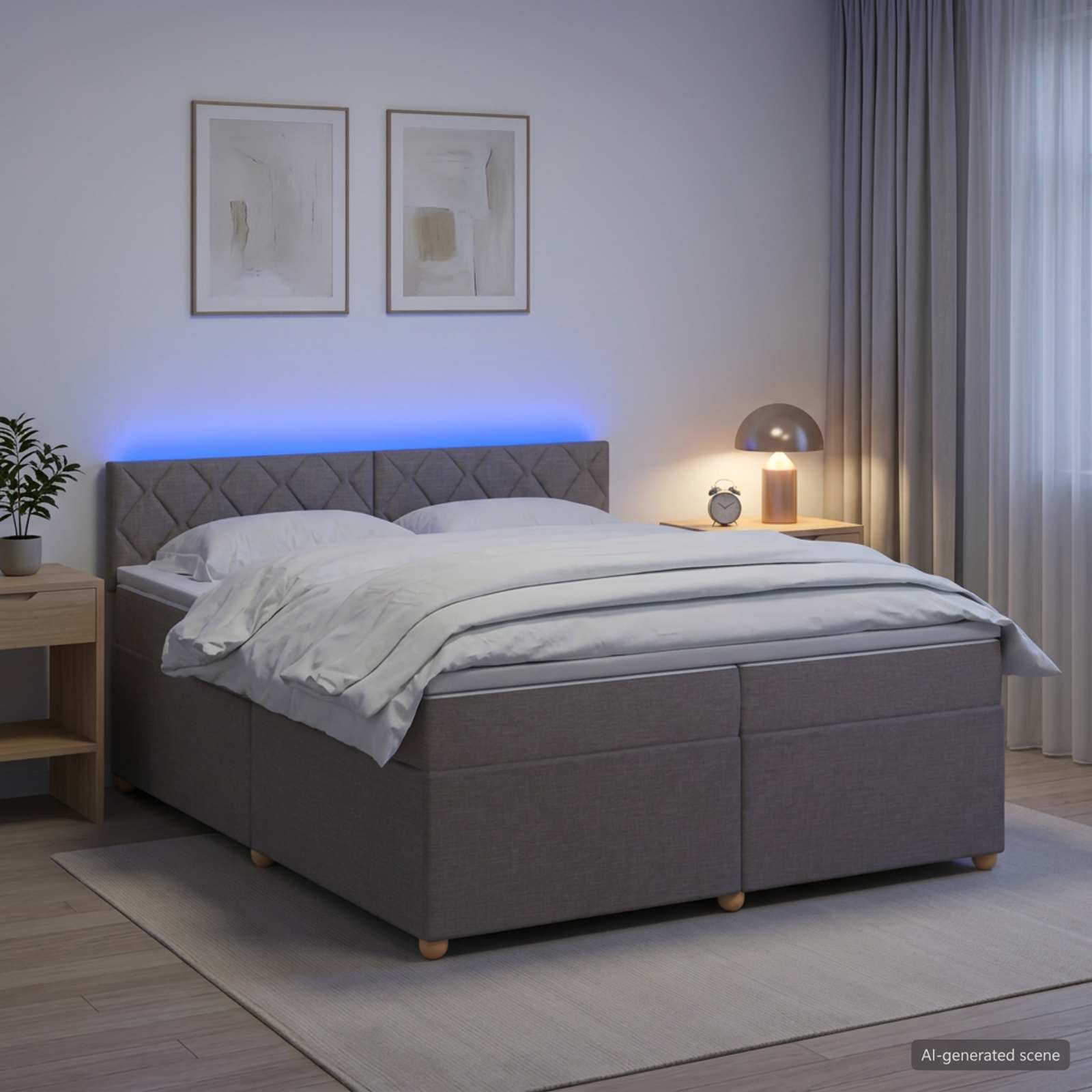 Boksmadrasseng med topmadras og LED gråbrun 200 x 200 cm