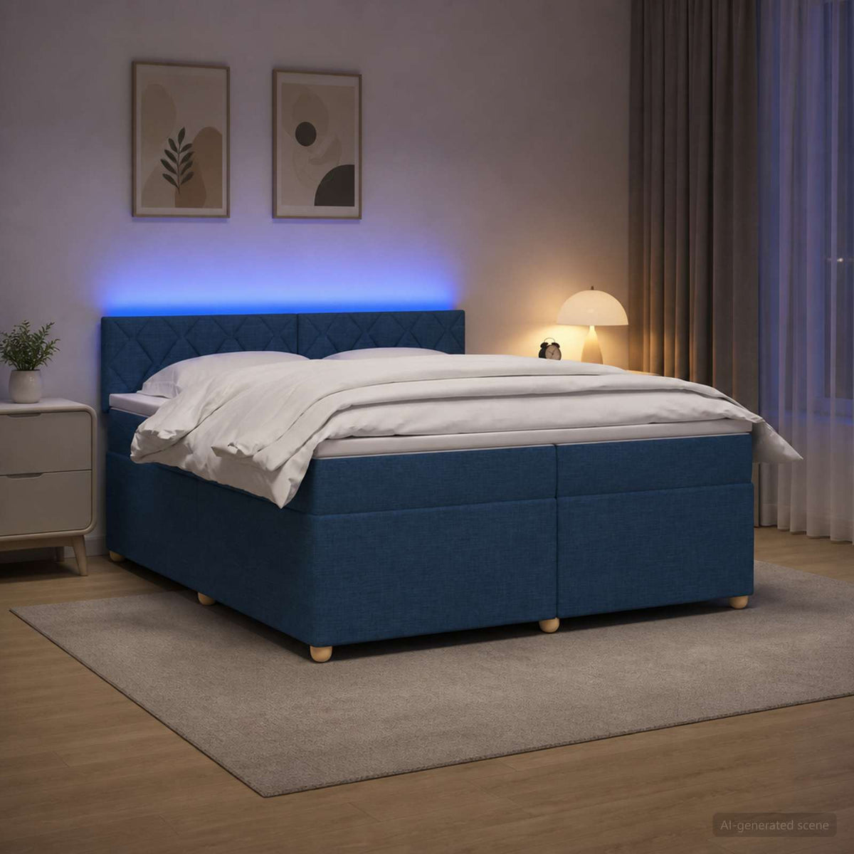 Boxmadras med topmadras med hovedgrde Bl 200 x 200 cm Stof