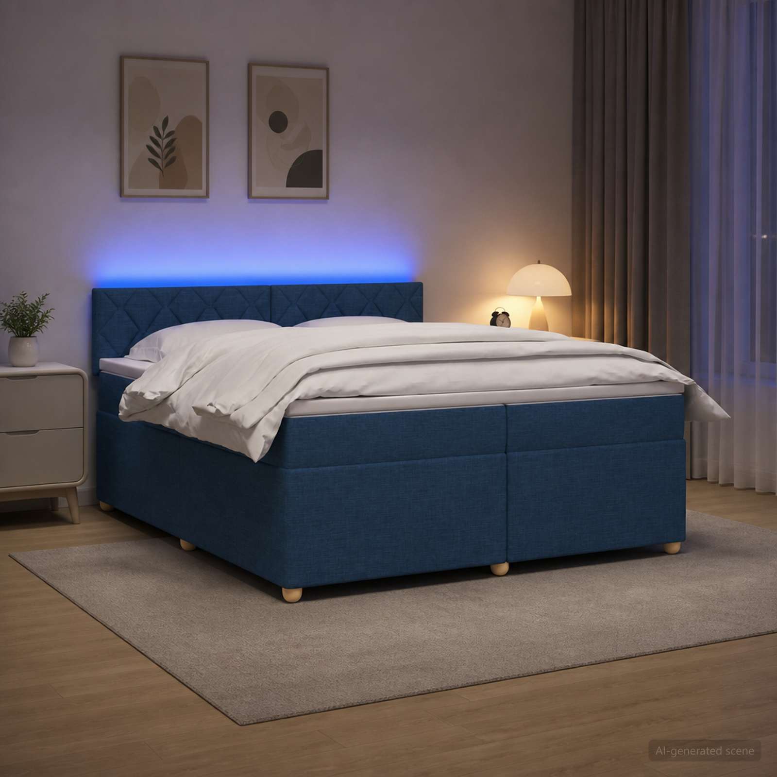 Boxmadras med topmadras med hovedgrde Bl 200 x 200 cm Stof