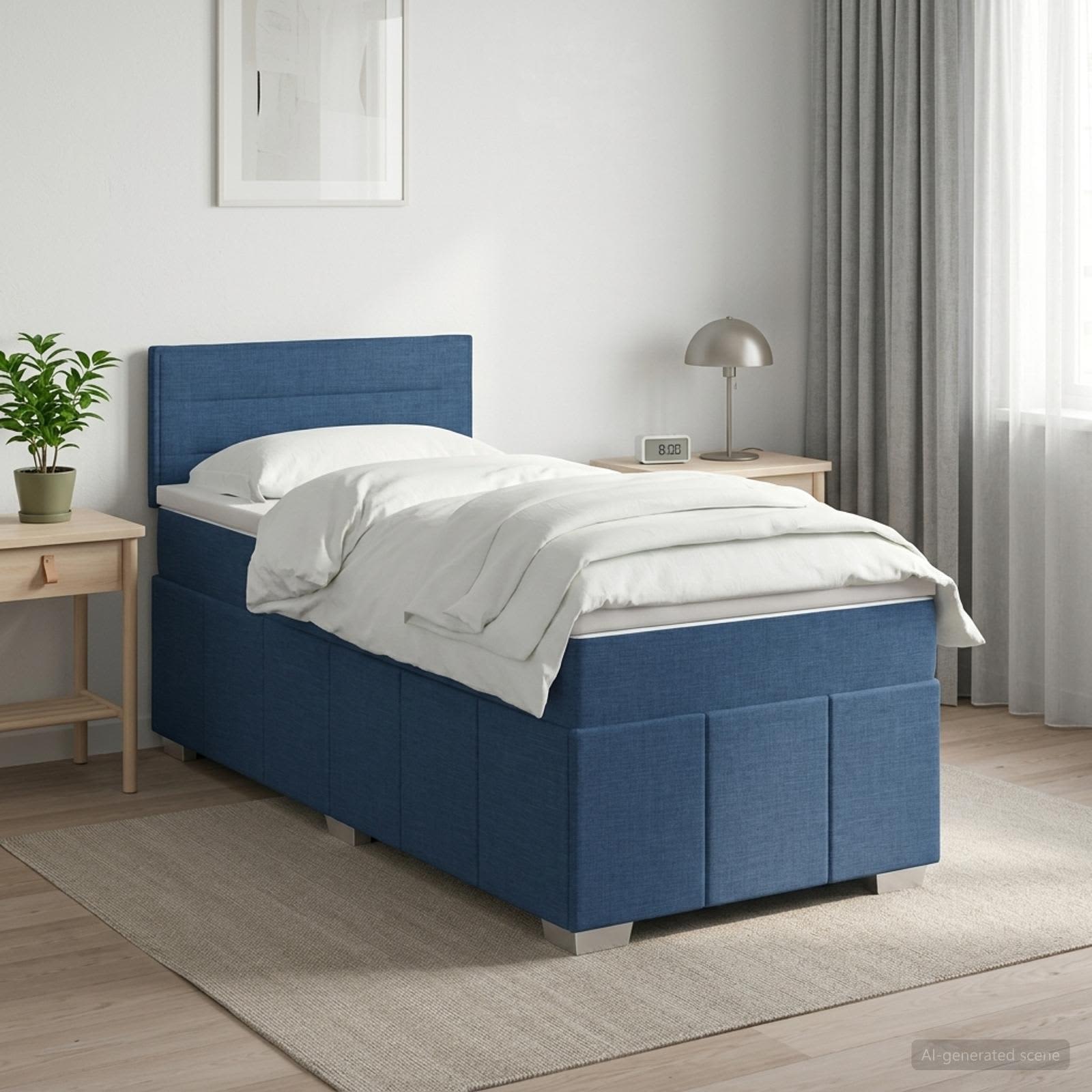 Boxmadras med topmadras med hovedgrde Bl 100 x 200 cm Stof