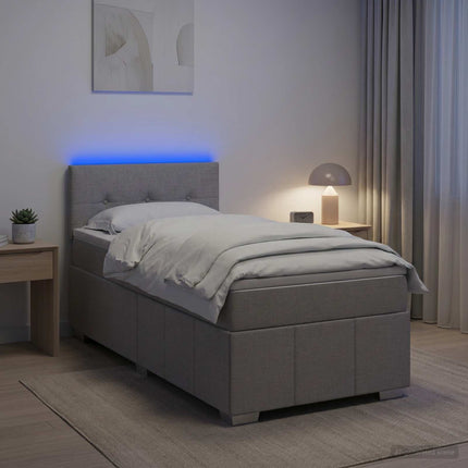 Box Spring Seng med Madras og LED Lysegrå 90 x 190 cm Stof