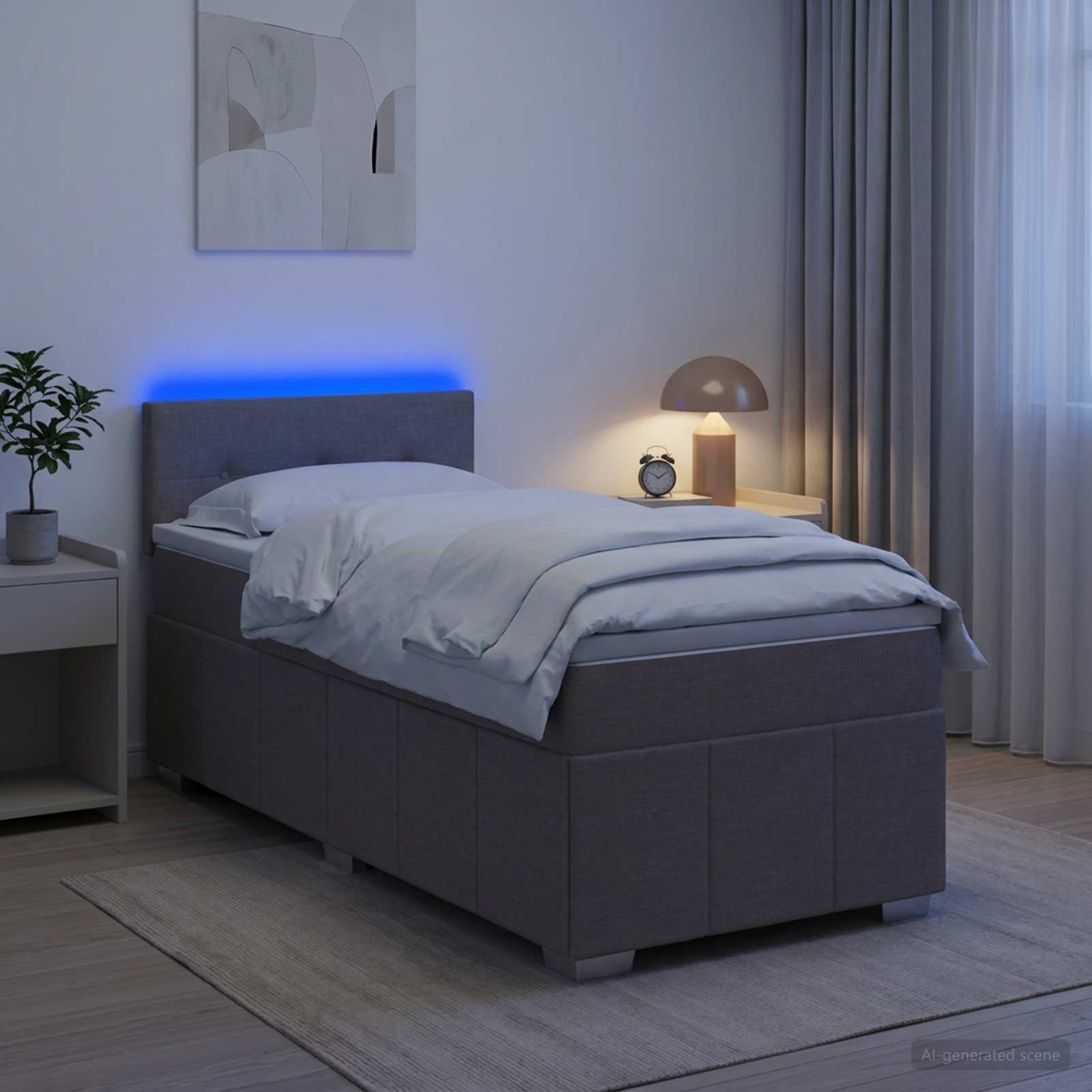 Boksmadras seng med topmadras og LED gråbrun 100 x 200 cm