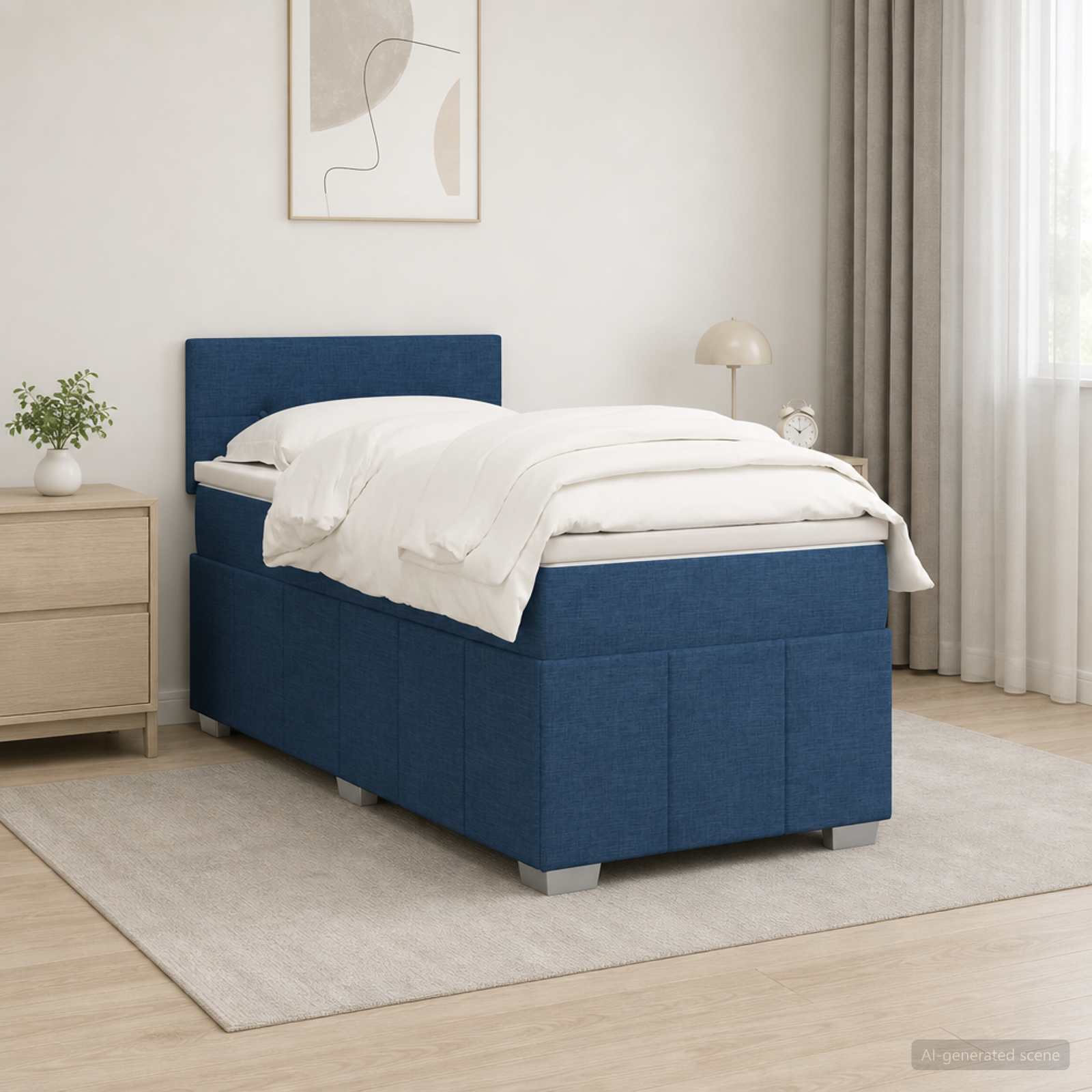 Boxmadras med topmadras med hovedgrde Bl 100 x 200 cm Stof