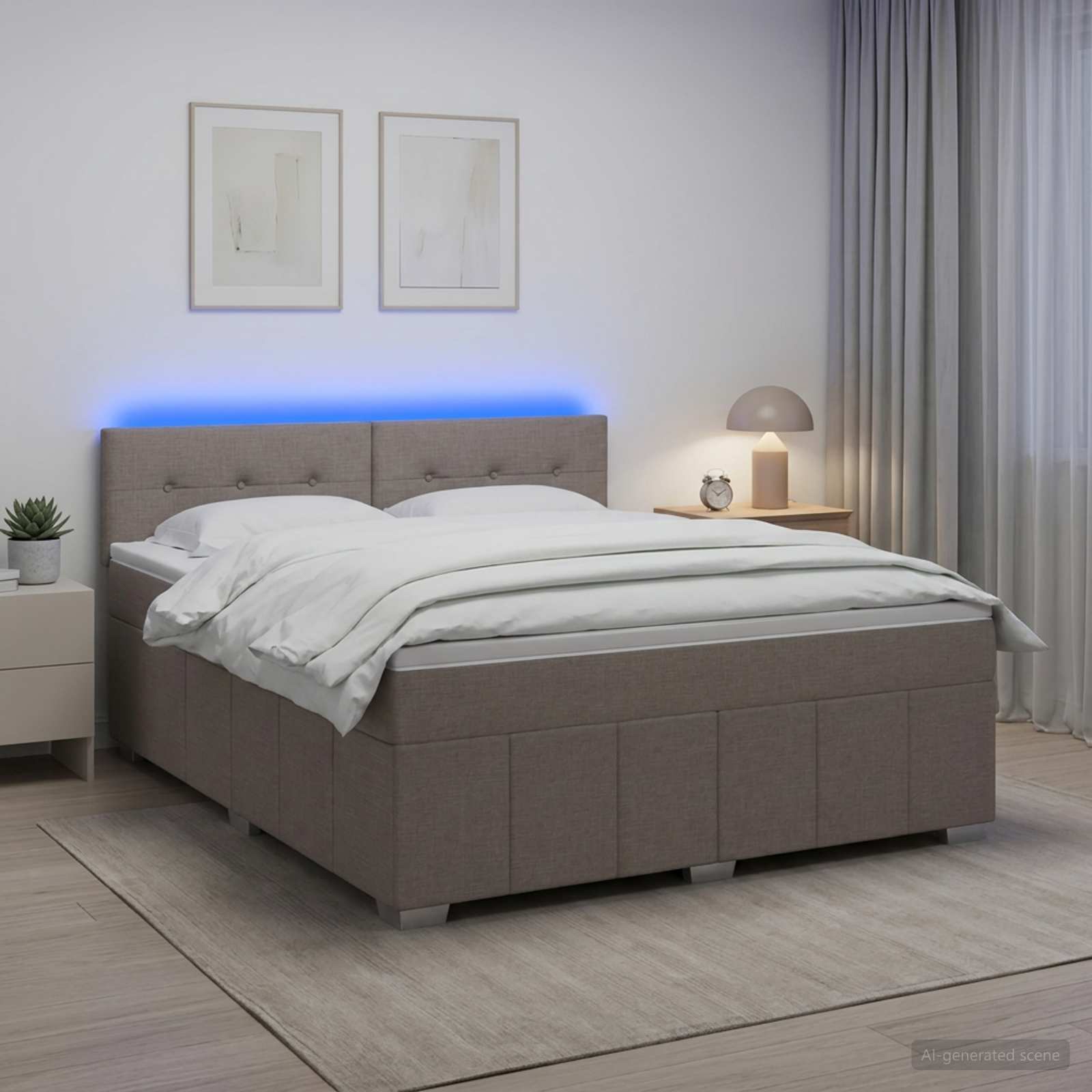 Kontinentalseng med madras og topmadras 160 x 200 cm gråbrun stof med LED
