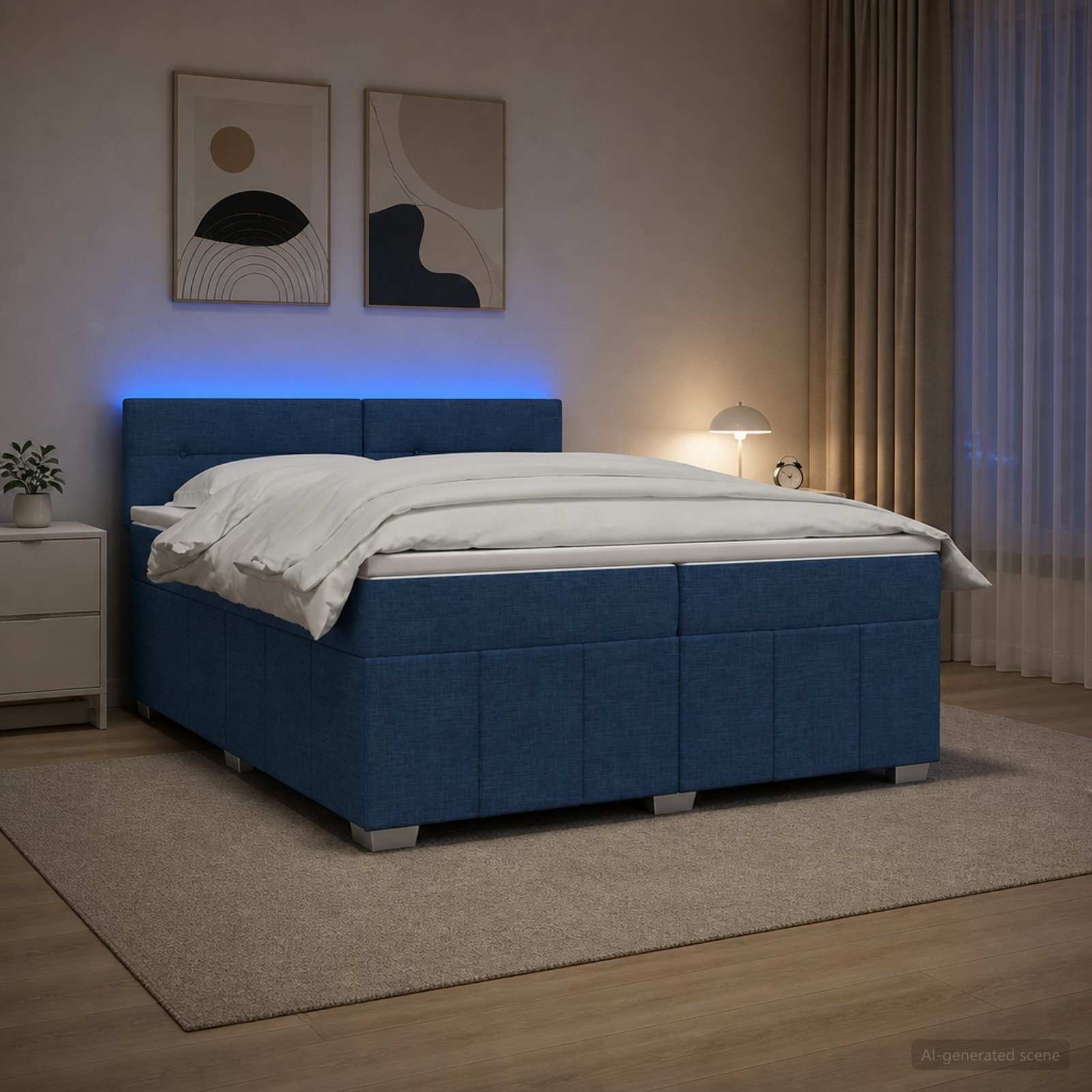 Boxmadras med topmadras med hovedgrde Bl 200 x 200 cm Stof