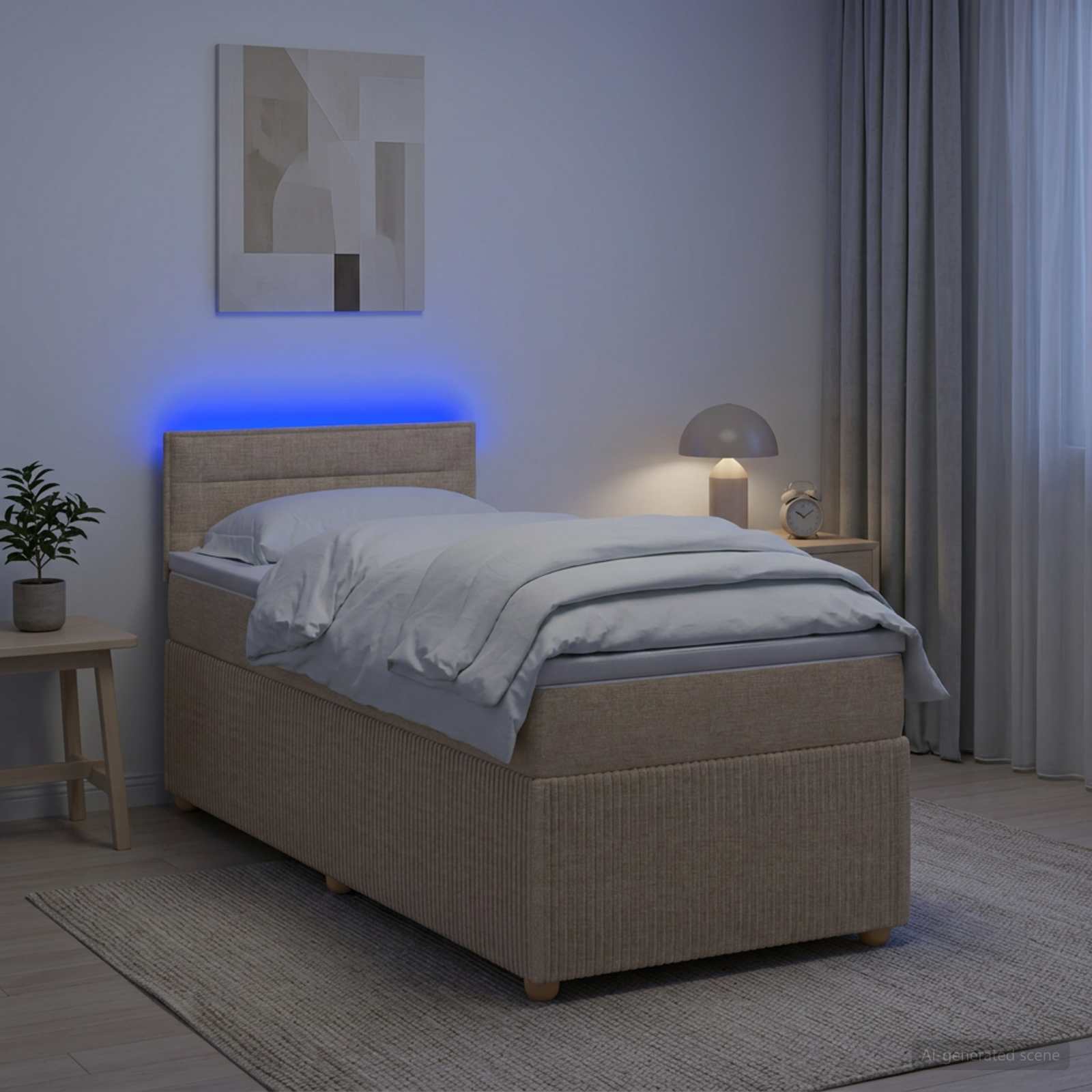 Boxmadras seng med topmadras og LED i stof 100 x 200 cm - cremefarvet