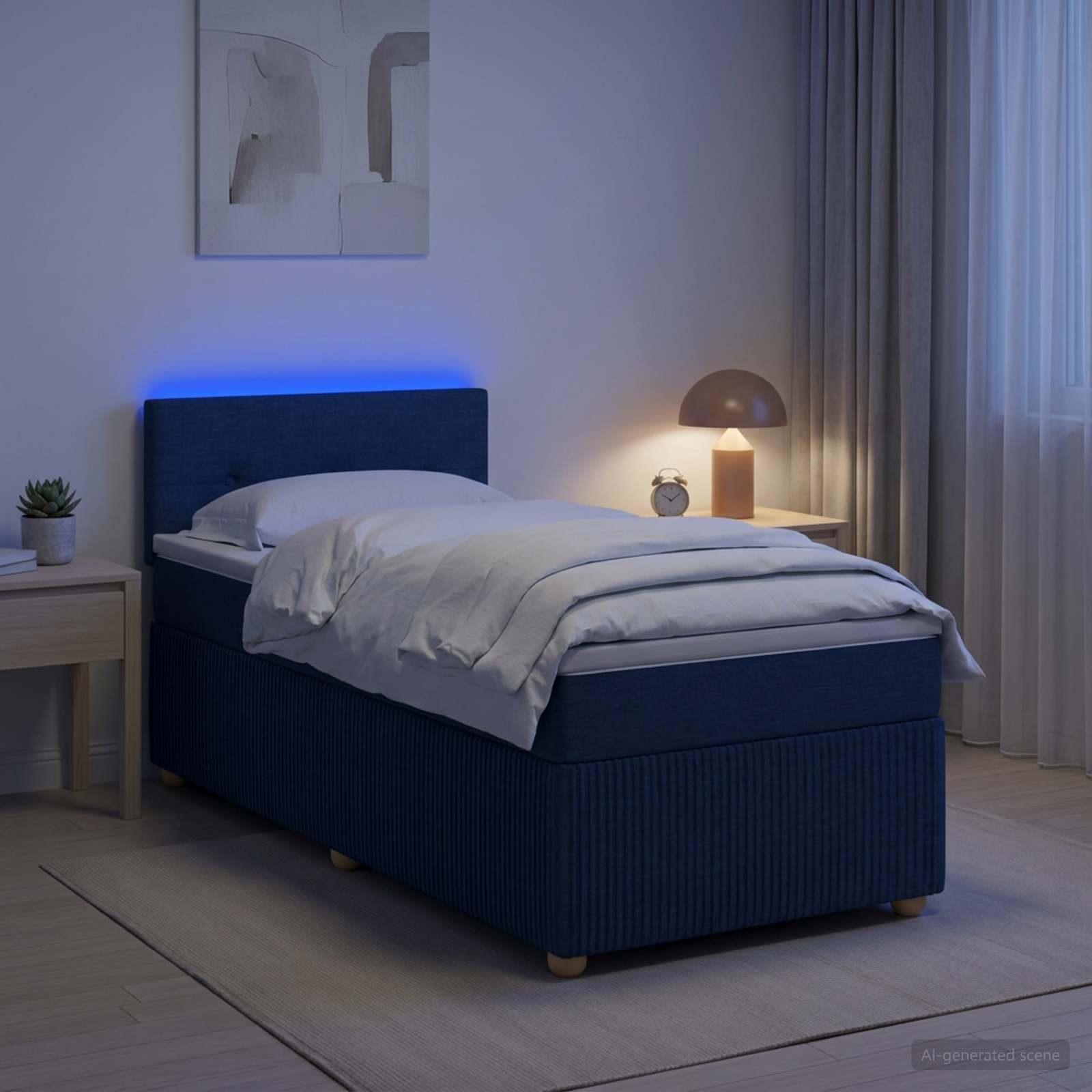 Boxmadras med topmadras med hovedgrde Bl 100 x 200 cm Stof