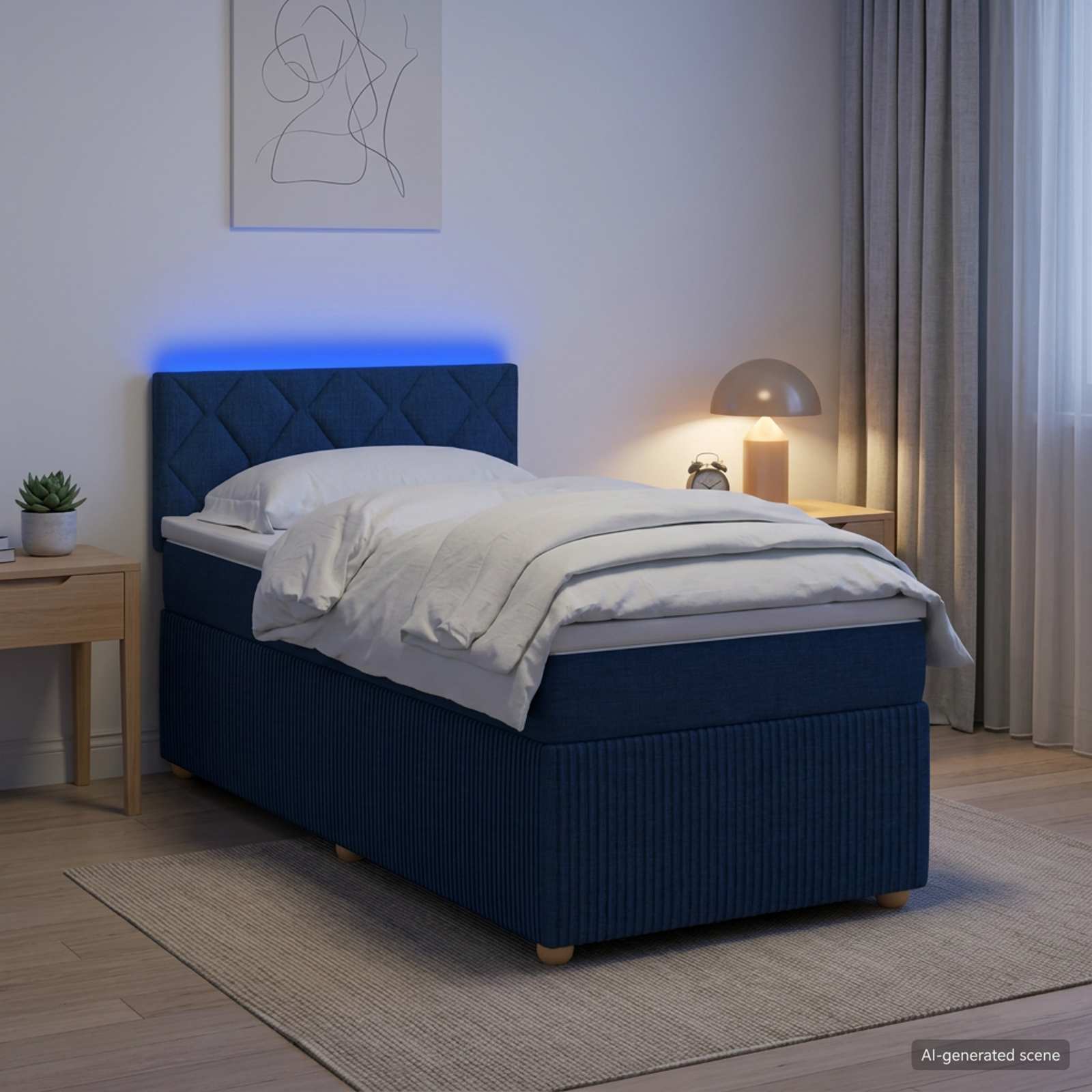 Boxmadras med topmadras med hovedgrde Bl 100 x 200 cm Stof