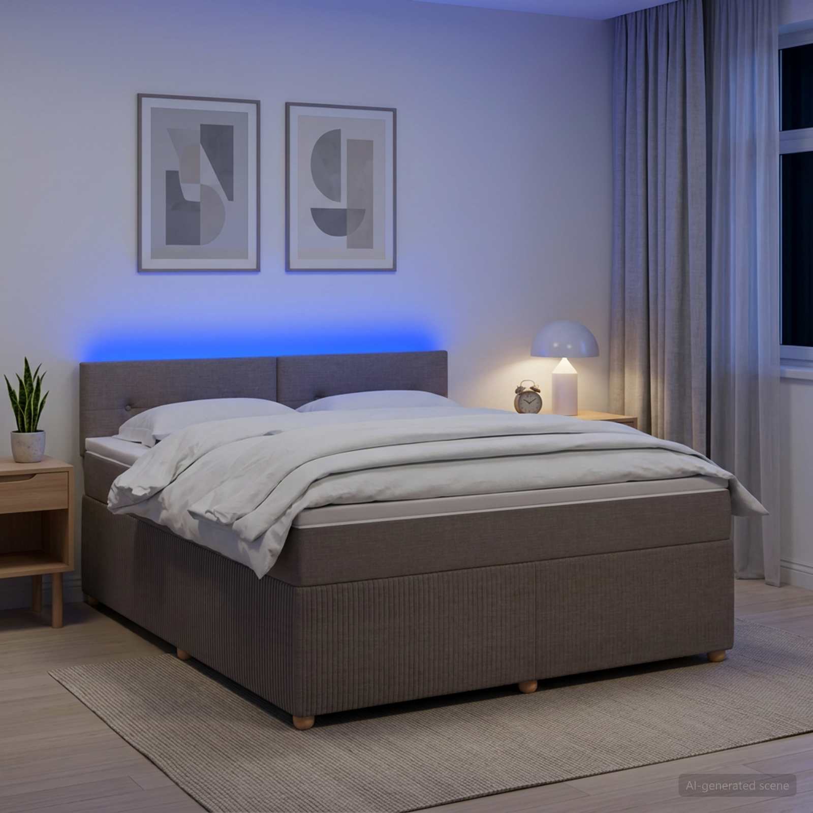 Boksmadras seng med topmadras og LED gråbrun 160 x 200 cm