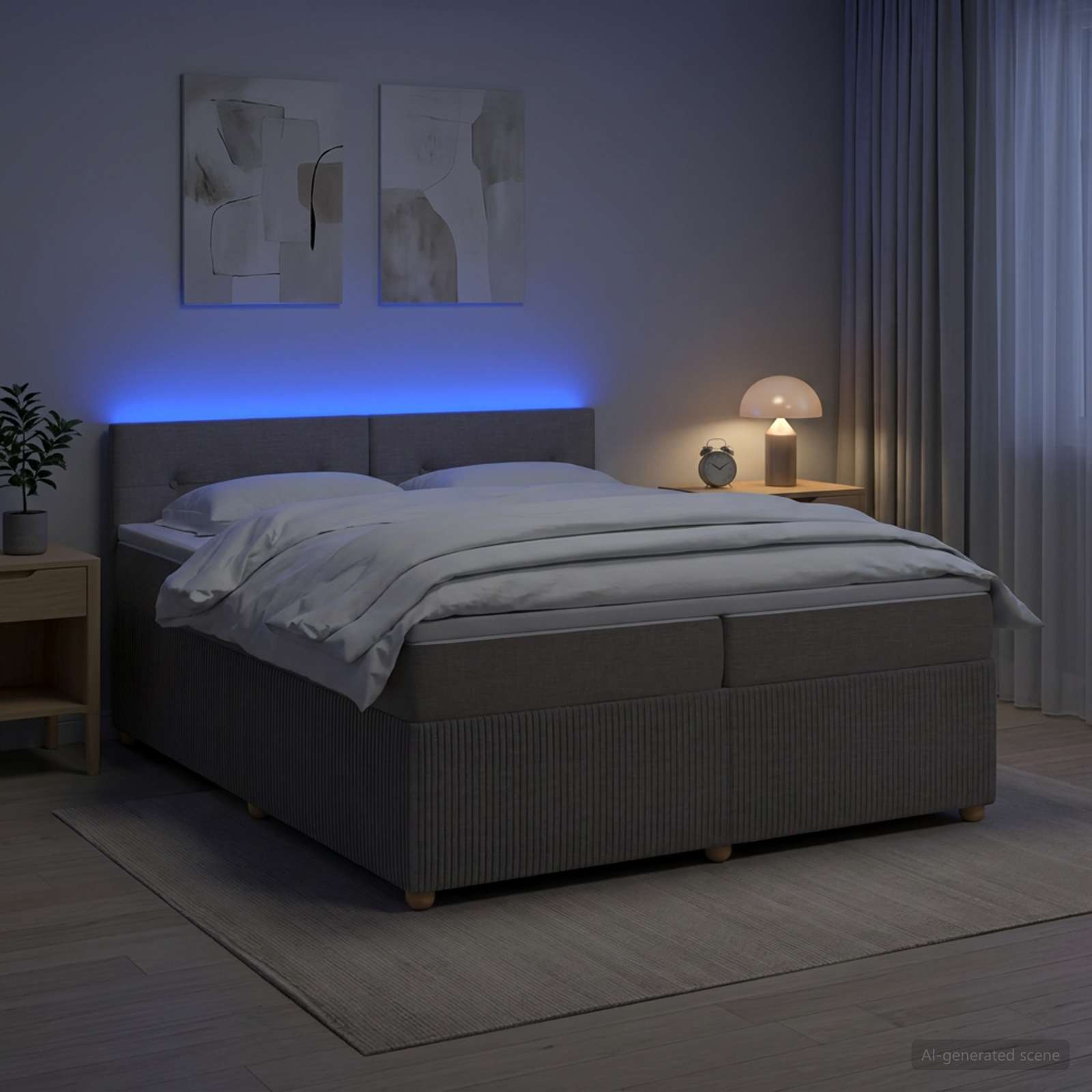 Boksmadras seng med topmadras og LED gråbrun 200 x 200 cm