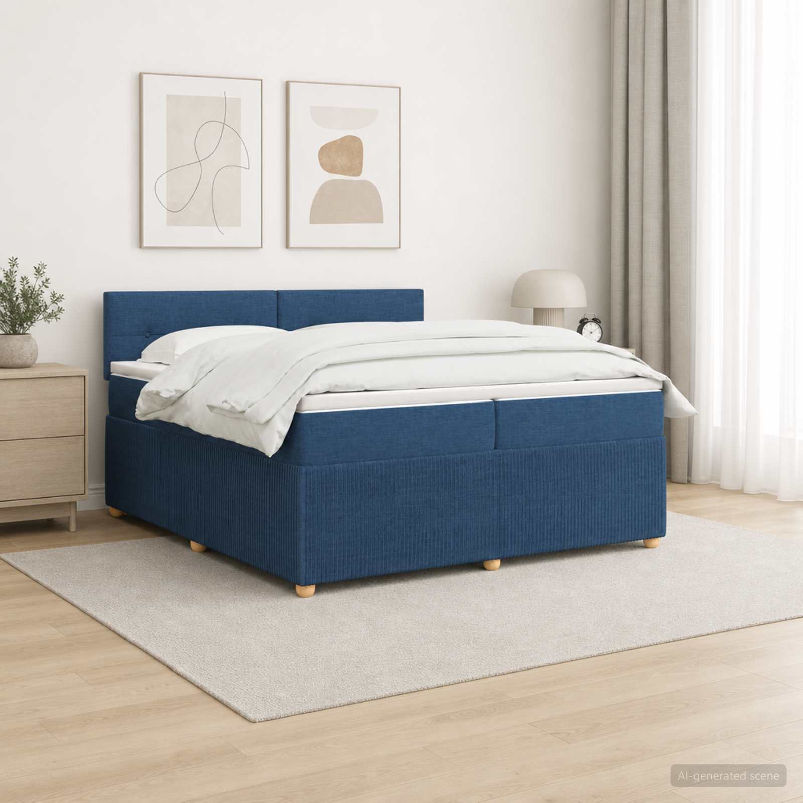 Boxmadras med topmadras med hovedgrde Bl 200 x 200 cm Stof