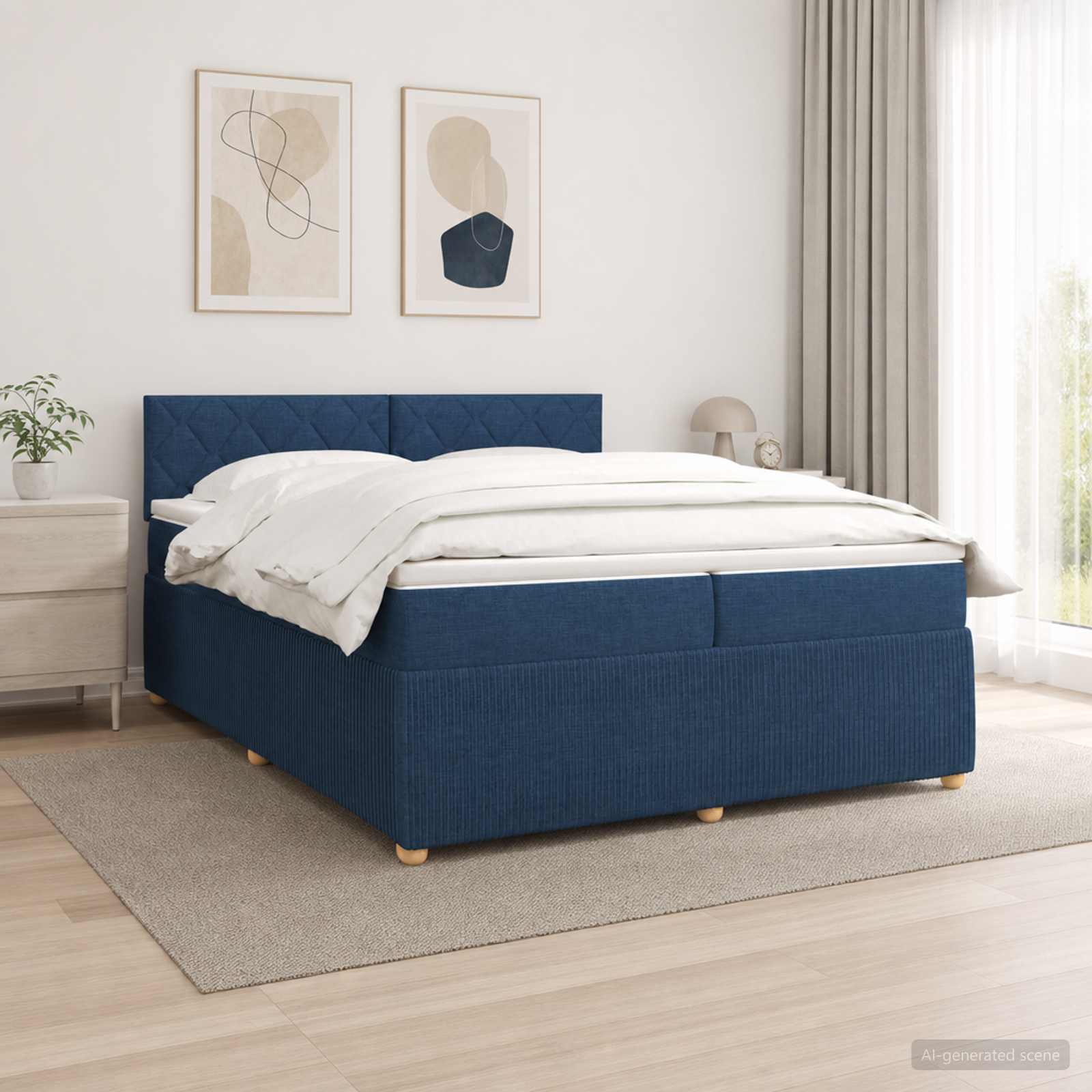 Boxmadras med topmadras med hovedgrde Bl 200 x 200 cm Stof