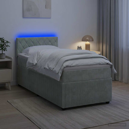 Box Spring Seng med Madras og LED Lysegrå 90 x 190 cm Fløjl
