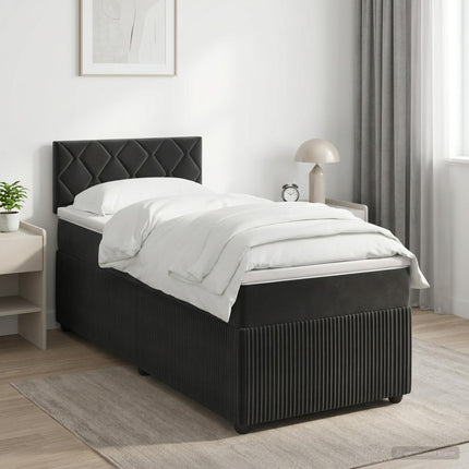 Boxmadras med topmadras med hovedgærde Sort 90 x 190 cm Fløjl